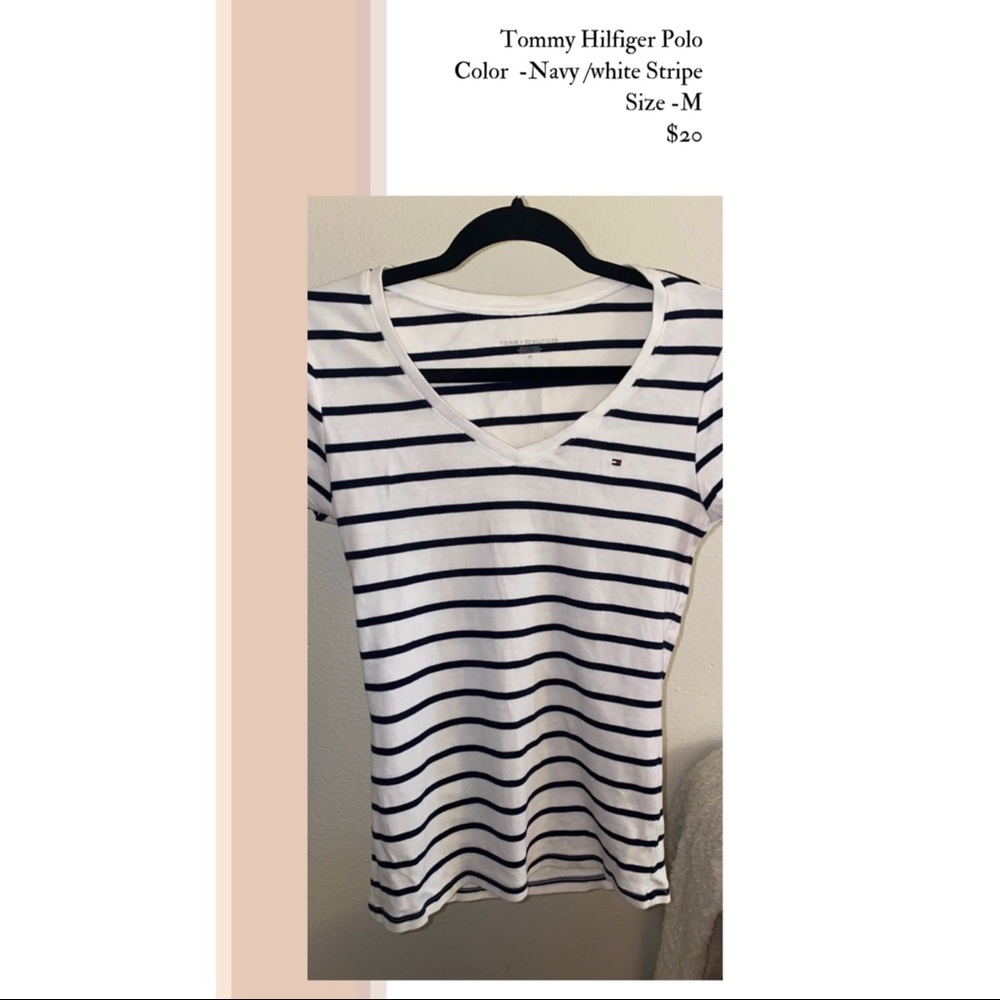 Navy Blue & White Striped Classic V neck Polo